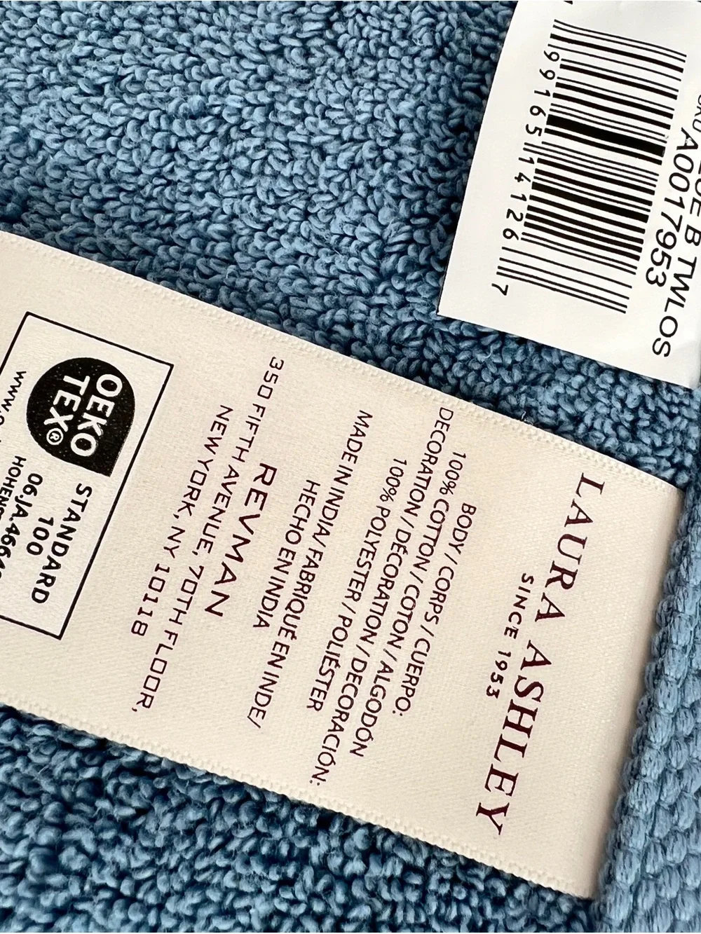 Laura Ashley Bath Towel Set MILLIE Blue with Leaf Trim 100% Cotton 6 Pc NEW